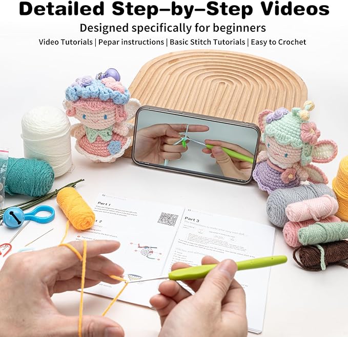 Crochet Kit for Beginners, Crochet Starter Kit with Step-by-Step Video Tutorials, Easy Beginner Crochet Kit for Adults, Crochet Animals Crafts Crochet Kits, Easy Knitting Kit. (Cute Angel 2 Pick)