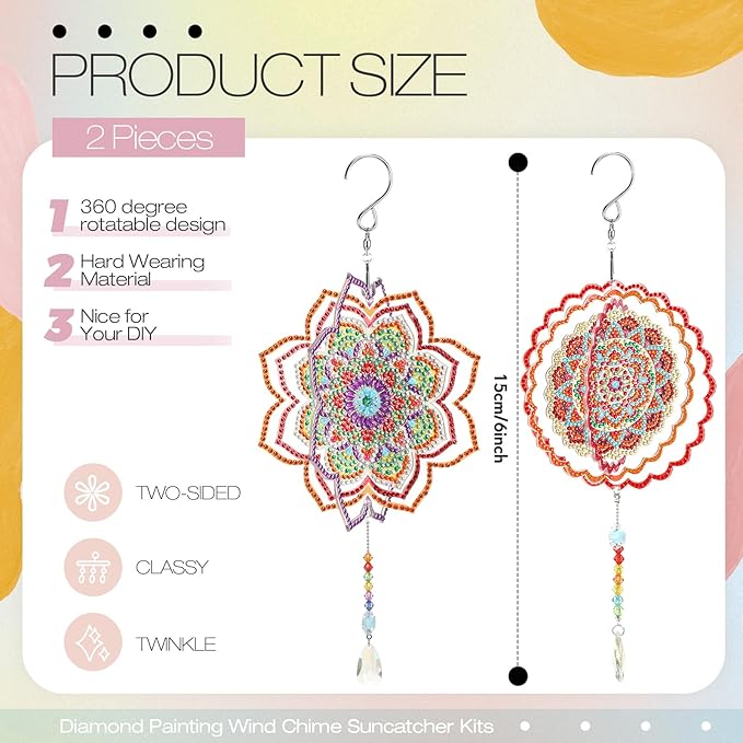 Queekay 2 Pieces 3D Diamond Painting Wind Chime Diamond Art Suncatcher Kits Three Dimensional by Number Hanging Ornament Double Sided Crystal Suncatcher Window Decor for Home Wall Garden (Flower)