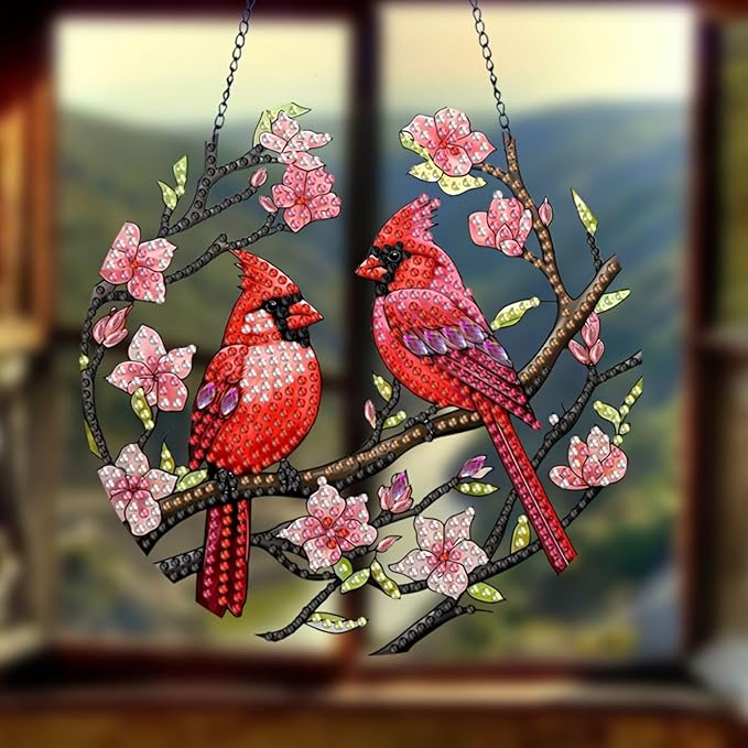 Generic DIY Hanging Diamond Pendant Special Shaped Crystal Diamond Art Painting Ornament Single Sided for Window Home Garden Wall Door Decor-Cardinal