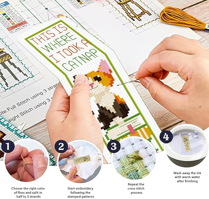 ORIGACH 6 Pcs Cross Stitch Bookmark Kit for Beginner Adults, Cute Animals and Books Stamped Embroidery Bookmark Kit with Instruction for Starters Printed Cross Stitch DIY Kits for Book Lovers