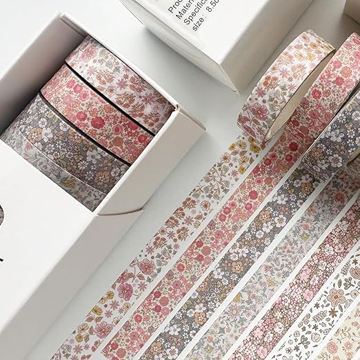 YUBX Vintage Washi Tape Set 8 Rolls Thin Retro Decorative Antique Patterns Masking Tapes for Arts, DIY Crafts, Journals, Planners, Scrapbook, Wrapping (Little Flowers)