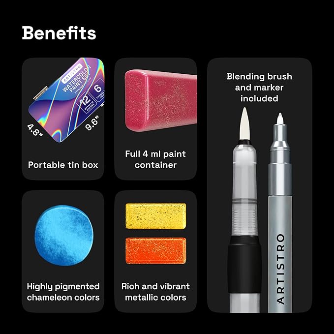ARTISTRO 48 Metallic Color Watercolor Paint Set - Portable Paint Art Kit with Palette and Brush Pens - Travel Water Color Set for Adults, Professionals, Kids - Art and Painting Supplies - Gift Idea