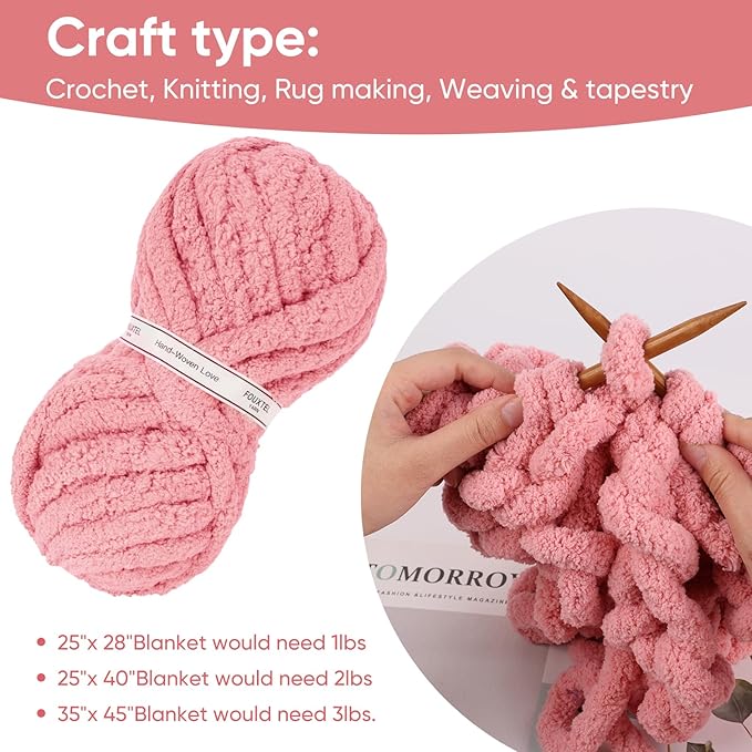 8 Jumbo Packs Chunky Chenille Yarn for Crocheting, 31.7 yds, 8 oz Each Skein Bulky Thick Fluffy Yarn for Knitting, Super Bulky Chunky Yarn for Hand Knitting Blanket, Soft Plush - Pink