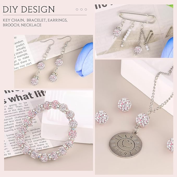 100pcs 10mm Rhinestone Beads for Jewelry Making, Pink White Shiny Round Shamballa Disco Ball Beads Bulk, Sparkle Crystal Clay Christmas for Bracelet Baseball Necklace Earring Crafting and DIY