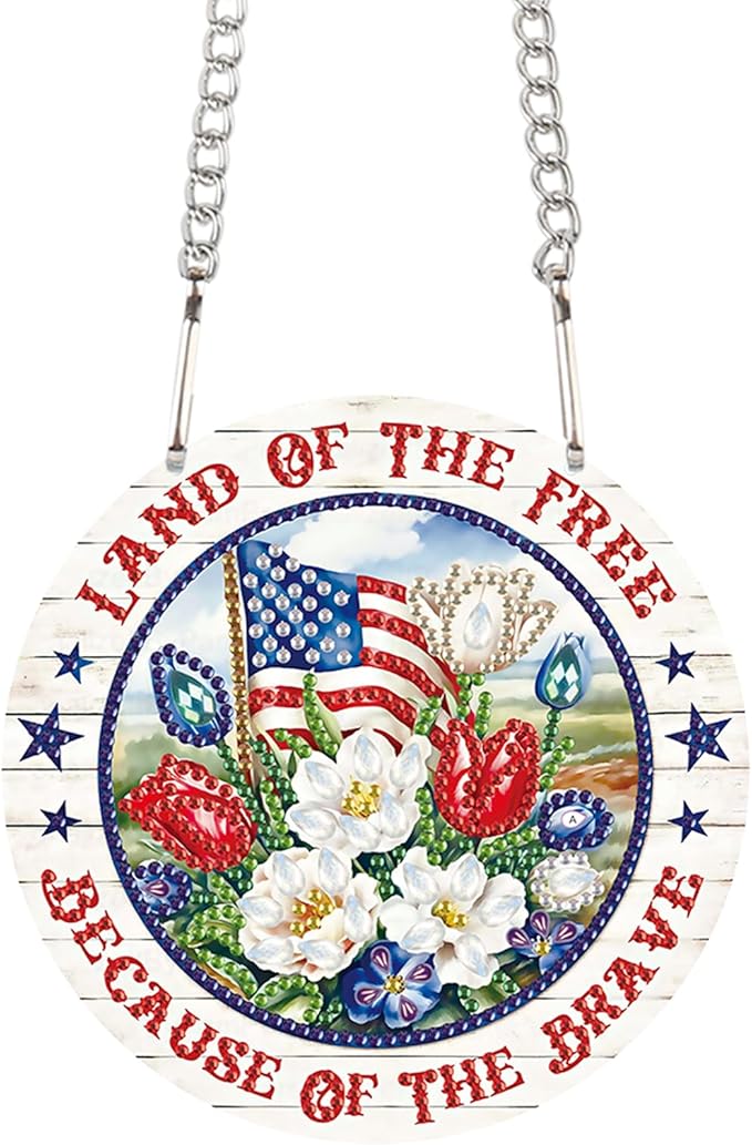 DIY Independence Day Diamond Painting Hanging Kit, 5D Acrylic Special Shaped Crystal Diamond Art Pendant, "Land of The Free" Patriotic Wall Decor for Home, Door, or Garden, July 4th Gift for Adults