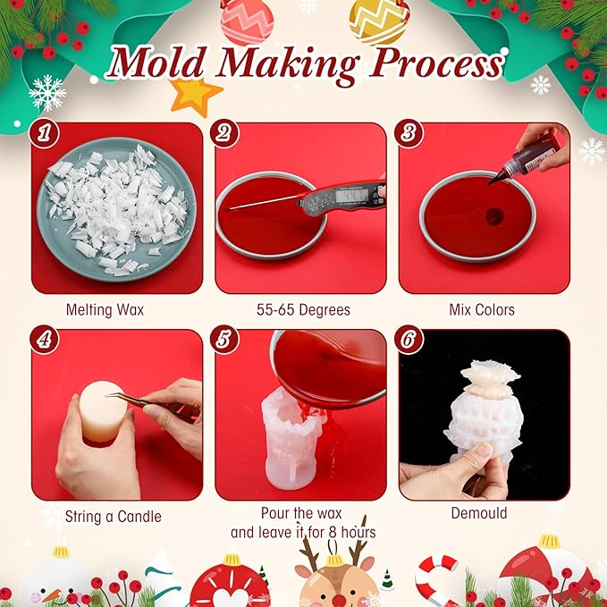 LemonRoad 10 Pcs Christmas Candle Mold Set Candle Silicone Molds Christmas Trees Santa Claus Xmas Hat Snowman Pine Shaped for Resin Soap Craft Cake Chocolate Making Kit Holiday Gift Decoration