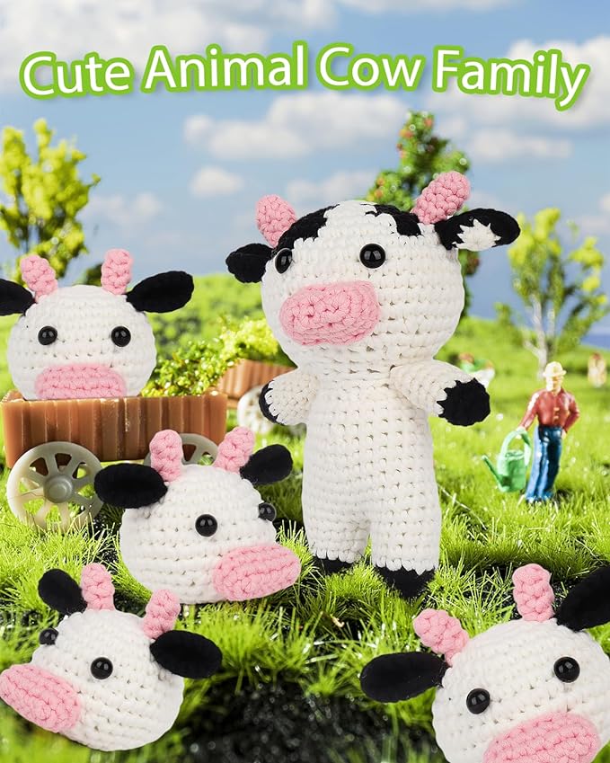 aeelike beginner crochet kit for adults, crochet starter kit with step-by-step instructions and easy see stitches yarn, cute cow family
