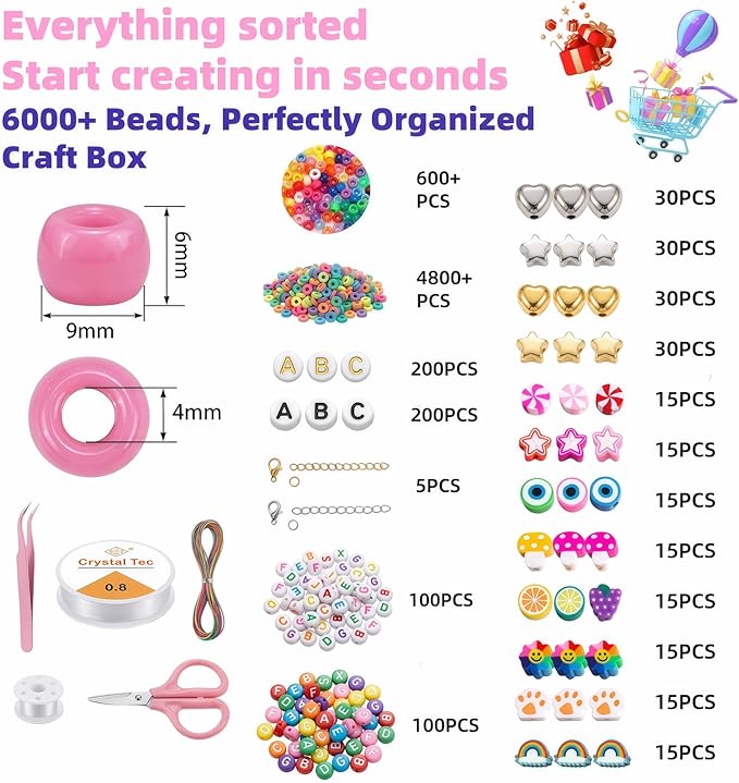 Jewelry Making Kit, 6000 PCS Complete Polymer Clay & Pony Beads Bracelet Kit, 24 Colors, 4 Alphabet Letter Sets & Charms, Organizer Box for DIY Jewelry, Gift for Girls Ages 6–12