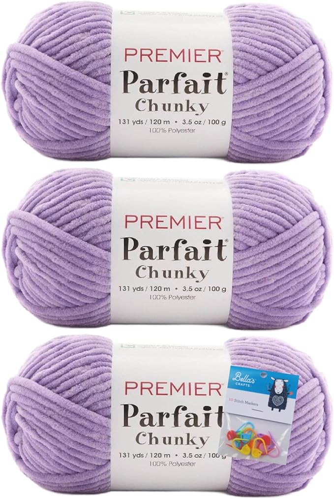 Premier Yarns Parfait Chunky Chenille 3.5 Oz 6 Super Bulky Weight 3 Pack Bundle with Bella's Stitch Place Holders (Haze)