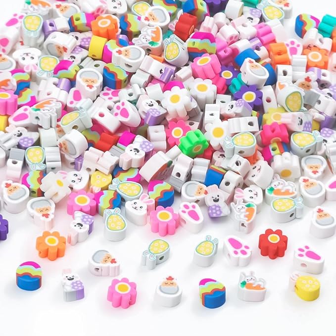 Easter Polymer Clay Bead for Bracelets, 300 Pieces Easter Beads Assorted Bunny Chick Egg Flower Shapes Beads Necklace Jewelry Making DIY Crafts