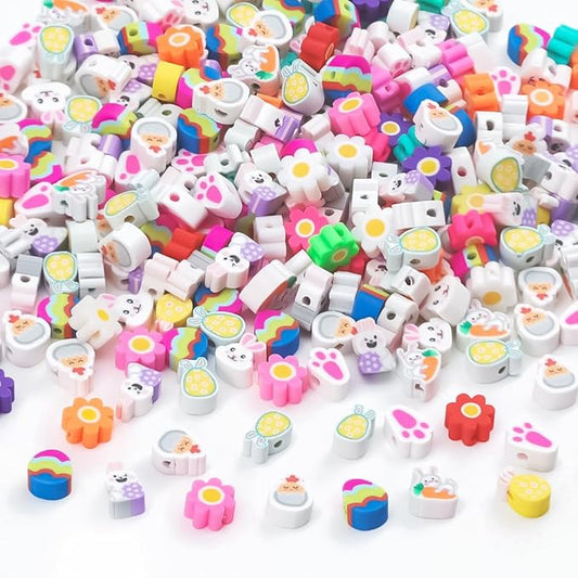 Easter Polymer Clay Bead for Bracelets, 300 Pieces Easter Beads Assorted Bunny Chick Egg Flower Shapes Beads Necklace Jewelry Making DIY Crafts