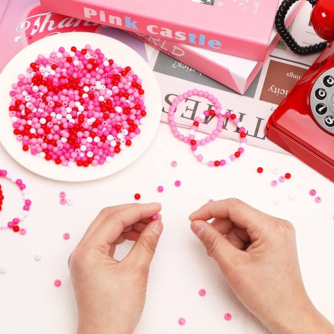 UPINS 1500Pcs Valentines Beads for Making Crafts Pink Rose Red White Beads Plastic Small Valentine Day Spacer Beads Hair Beads for Crafts Supplies