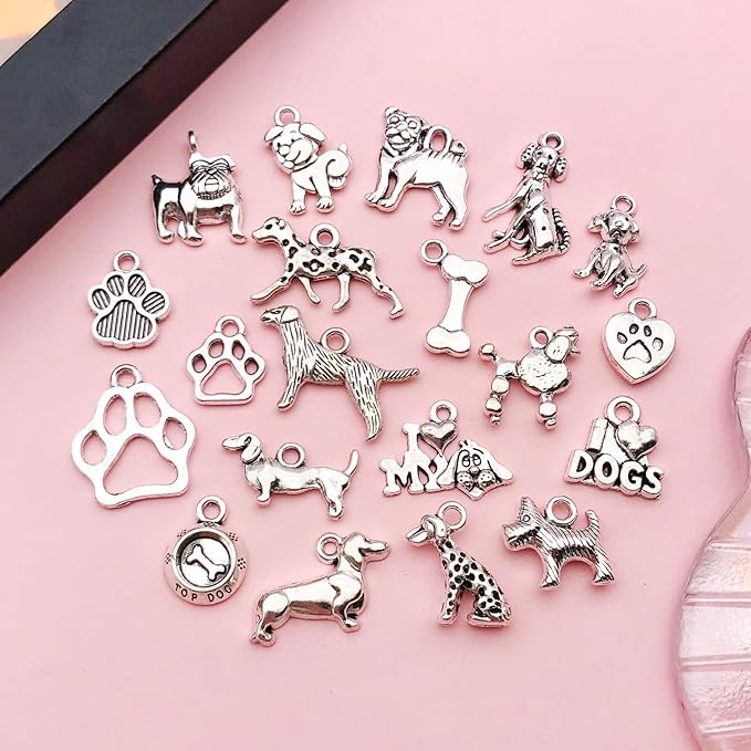 Youdiyla 100pcs Craft Supplies Pet Dog Animals Charms Pendants for Crafting Jewelry Findings Making Accessory for DIY Necklace Bracelet (Antique Sliver)