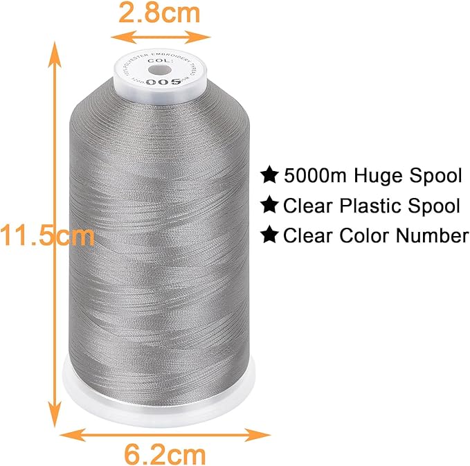 New brothread - Single Huge Spool 5000M Each Polyester Embroidery Machine Thread 40WT for Commercial and Domestic Machines - Silver