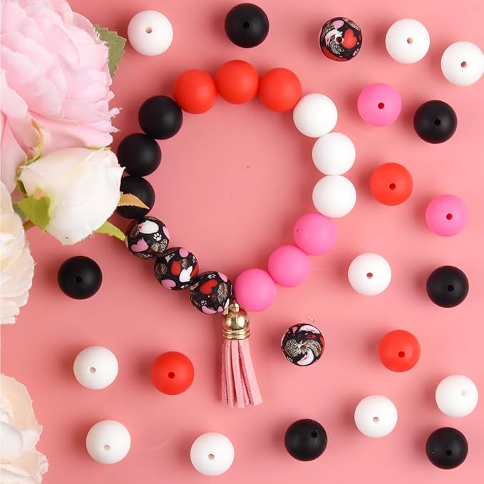 ASTARON 100 Pcs 15mm Silicone Beads for Keychain Making, Red Pink Black White Silicone Beads Bulk Round Beads for Bracelets Pens Crafts Supplies