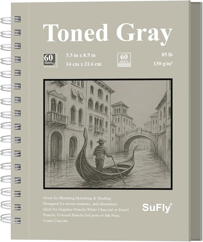 sufly toned gray sketchbook 5.5"x8.5" - 60 sheets spiral bound drawing pad, 85lb/130gsm sketch paper for graphite, charcoal, colored pencils and gel pens.