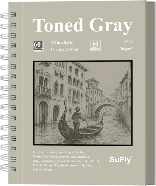 sufly toned gray sketchbook 5.5"x8.5" - 60 sheets spiral bound drawing pad, 85lb/130gsm sketch paper for graphite, charcoal, colored pencils and gel pens.