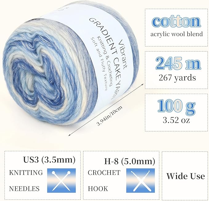 Aeelike Cake Yarn for Crocheting, 3 Skeins Gradient Yarn 100g (3.52 oz) 245m (267 Yards) # 3 Light Weight, Soft Ombré Yarns Fairyland Yarns Rainbow for Making Colorful Crafts, Blue Yellow Gradient