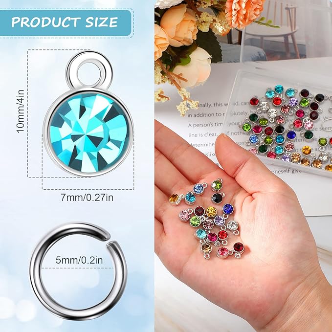 Sureio 80 Pieces Crystal Birthstone Charms with 200 Jump Ring Handmade DIY Beads Pendant Mixed Color Birthstones for Jewelry Making Round Charms for Bracelets Necklaces Jewelry Findings (Vivid Color)
