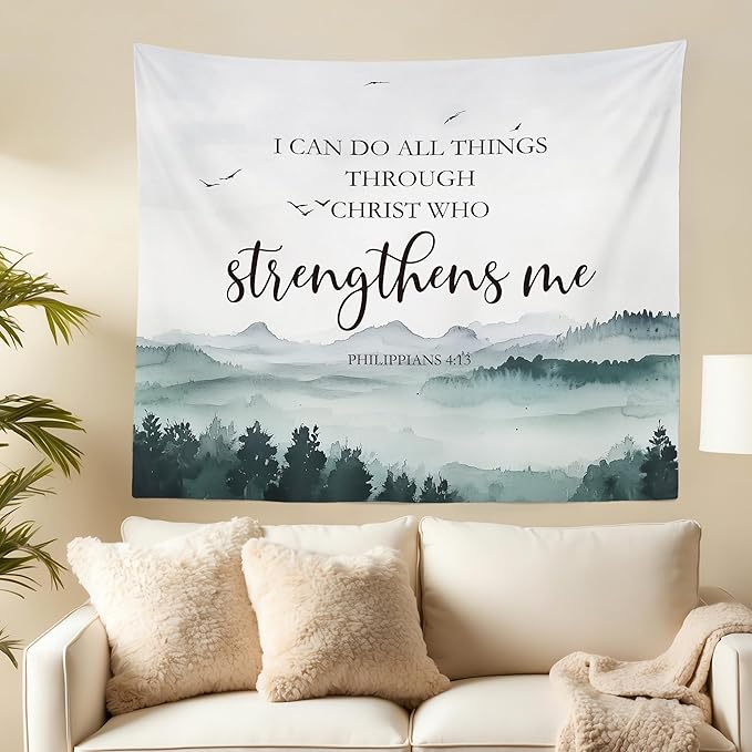 MNASAIOO Christian Mountian Wall Tapestry Hanging for Bedroom,Bible Verse I Can Do All The Things through Christ Who Strengthens Me Tapestry,Rustic Tapestries Wall Decor for Living Prayer Room 50x60in