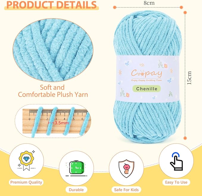 Coopay Chenille Yarn for Crocheting, 8 Pack Medium Weight Yarn - CYC #4 - Total 520yd, Soft Crochet Yarns for Plush Toys, Blankets, Scarves (Blue)