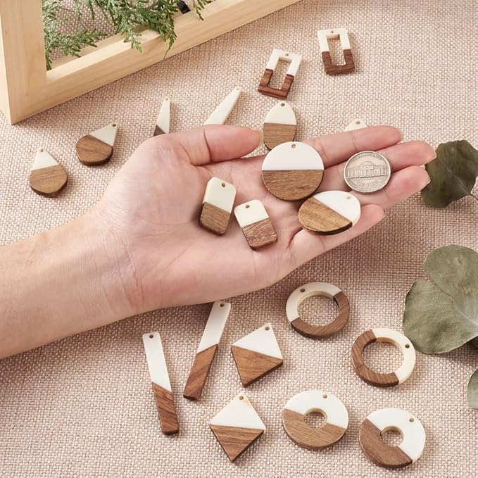 Beadthoven 20pcs/10 Pairs White Natural Wood Resin Charms DIY Earrings Pendants Mixed Shapes Wooden Pieces Pendants for Statement Jewelry Making Findings