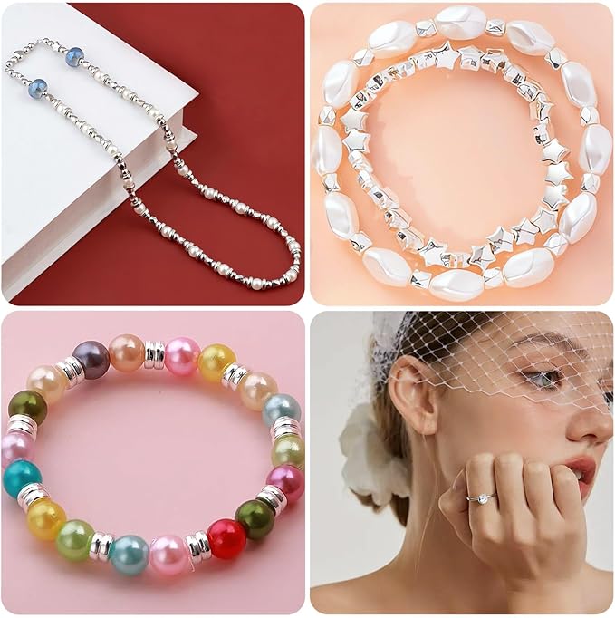 350 Pcs Silver Spacer Beads for Jewelry Making, Sparkly CCB Friendship Bracelet Bead Kits, Assorted Round Heart Star Flat Ring Seed Beads Set for DIY Earring Necklace Crafts Keychain (6 Styles)
