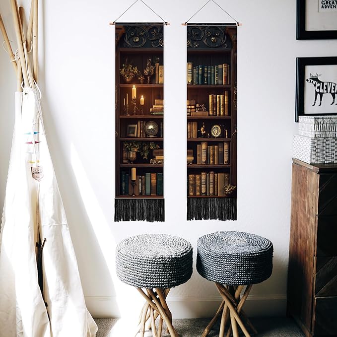 PLIGREAT 2 Pack Vintage Bookshelf Tapestry with Tassel Classic Library Wall Tapestry Vertical Wall Hanging for College Dorm Bedroom Living Room Long Narrow Home Hanging Decor, 46" x 13"