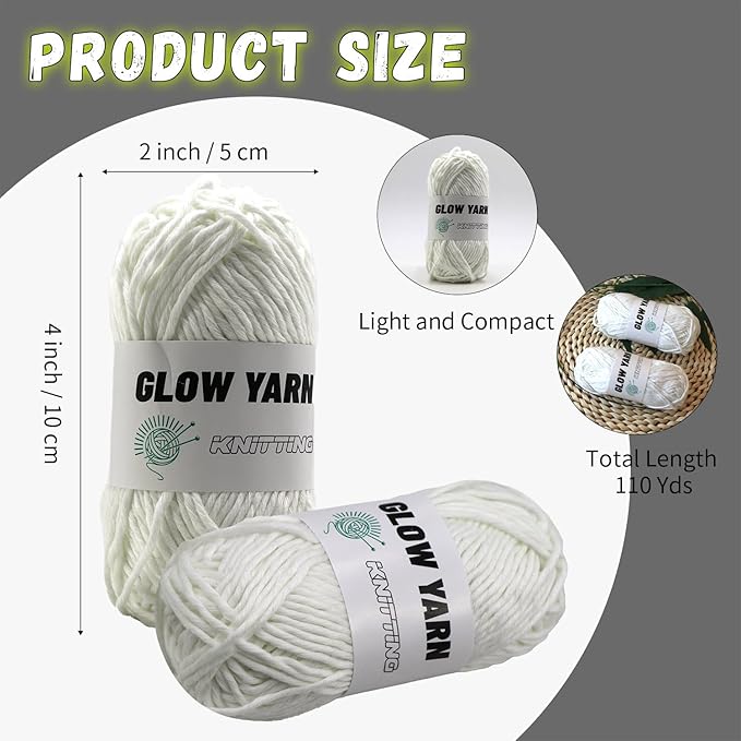 kaidun 2 Rolls Glow in The Dark Yarn, Glow Yarn for Knitting Crocheting for Beginners, Halloween Christmas Decorations DIY Supplies, 55 Yard Per Roll (White)