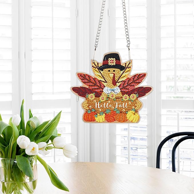 DIY Diamond Painting Hello Fall Hanging Sign – Maple Leaf Door Hanger with Pumpkins, Fall Leaves, Autumn Thanksgiving Wall Window Decor Craft Kit for Porch Farmhouse
