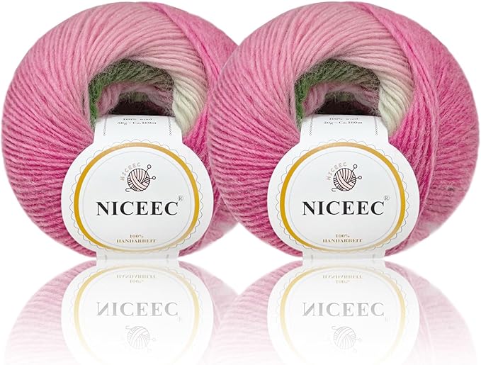 NICEEC 2 Skeins Rainbow Soft Yarn 100% Wool Gradient Multi Color Yarn for Crocheting Knit Total Length 180m×2(196yds×2,50g×2)-6#