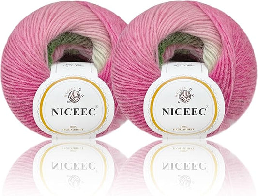 NICEEC 2 Skeins Rainbow Soft Yarn 100% Wool Gradient Multi Color Yarn for Crocheting Knit Total Length 180m×2(196yds×2,50g×2)-6#