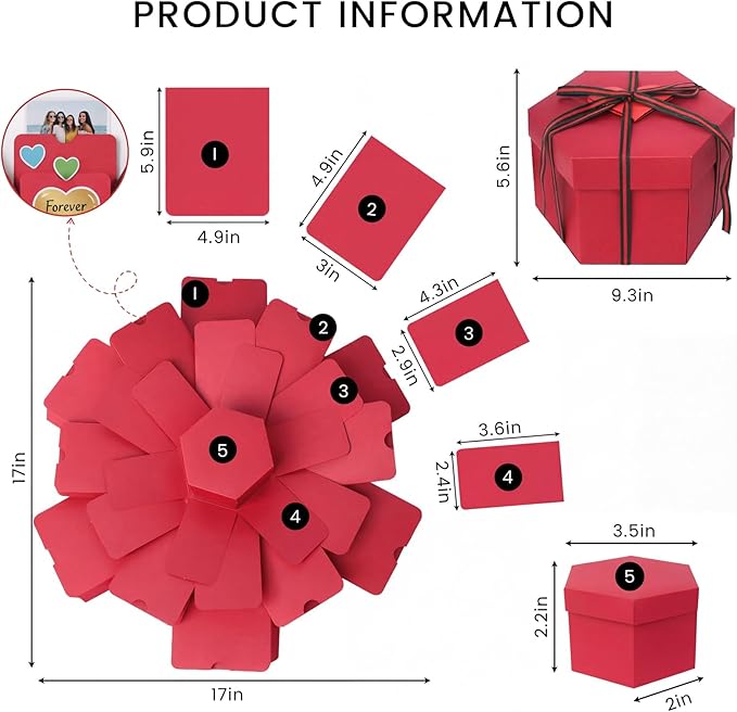 Koogel Explosion Gift Box, Red Surprise Picture Love Box with DIY Scrapbooking Accessories Exploding Photo Album for Anniversary Birthday