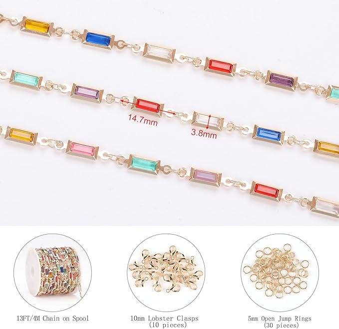 KYUNHOO 13 Feet Mix Colored Rectangular Rhinestone Chain Spool Paperclip Chain Links Gold Plated Chains for Jewelry Making Brass Chain Bulk with Jump Rings and Lobster Clasps