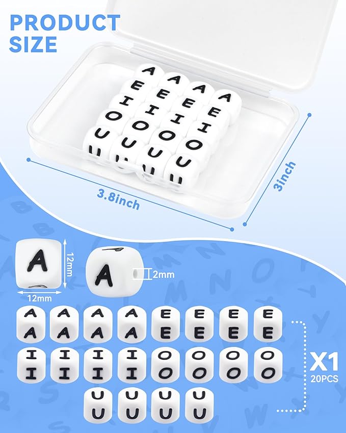 20Pcs FIVEIZERO Silicone Letter Beads, White 12mm Vowels Alphabet Beads,Square Letter Bead for Bracelets and Keychains, Large Letter Bead for Necklaces and Lanyards Making
