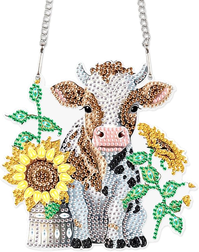 Sunflower and Cow Diamond Art Hanging, DIY 5D Diamond Painting Ornament with Rhinestones, Handmade Craft Gift for Wall, Door, Window, Home or Garden Decor