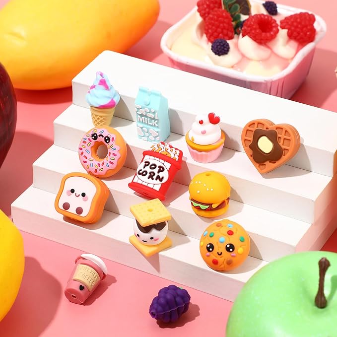 12 Pcs Food 3D Silicone Focal Beads for Pens Food Character Beads Bulk Funny Hamburger Popcorn Ice Cream Donuts Milk for Keychain DIY Crafts Necklace Bracelet Lanyards Making Kit Supplies