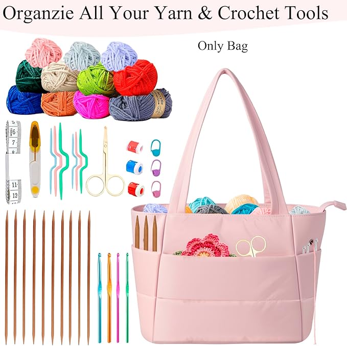 Crochet Bag for Yarn Storage, Puffer Knitting Bag with Soft Handles, Lightweight Yarn Storage Organizer with Zipper for Crochet Accessories, Gifts for Crocheters (Pink)