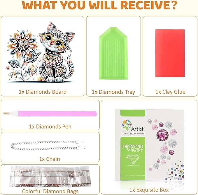 MEIYUDA Flower Cat Diamond Art Hanging Kits for Adult, Colorful Cat Diamond Painting Hanging Kits Ornaments, DIY Special Shaped Rhinestone Window Pendants Kit for Home Garden Wall Decor Gift
