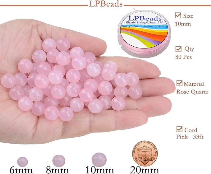 LPBeads 80Pcs Polished 10mm Round Natural Rose Quartz Gemstone Loose Beads with Stretch Cord for Jewelry Making Bracelets