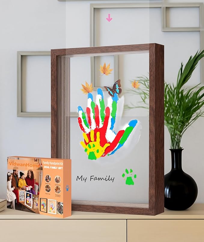 brown family handprint kit for 4 – wooden frame with 4 clear acrylic boards, diy handprint keepsake for baby, pet, mom, grandparents, hand mold art set with non-toxic washable paint (brown)