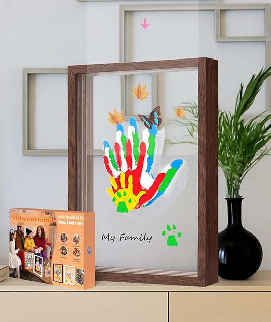 brown family handprint kit for 4 – wooden frame with 4 clear acrylic boards, diy handprint keepsake for baby, pet, mom, grandparents, hand mold art set with non-toxic washable paint (brown)