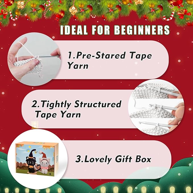 Valentine's Day Crochet Kit for Beginners, 2PCS Cat Crochet Kits with Step-by-Step Video Tutorials,Crochet Starter Kit,DIY Crochet Animal Kits for Adults, Complete Kit Included