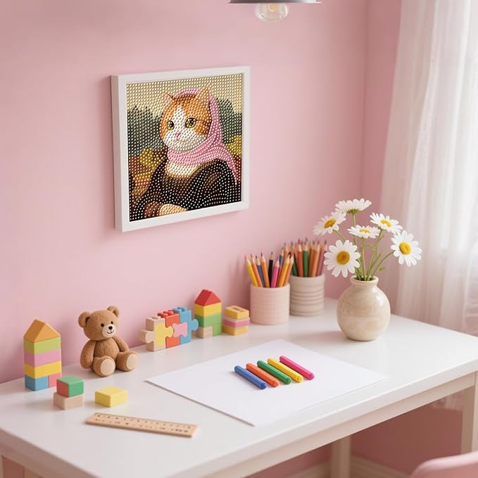 FlyingMage 5D Diamond Art Painting Kits with Wooden Frame, Cute DIY Diamond Art Mosaic Kits for Adults Women Teen, Kawaii Diamond Crafts Arts Full Drill Diamond Dots (Brown Mona Lisa)