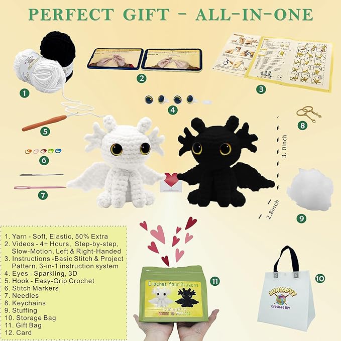 lunuafvy beginner crochet kit (9+ kids/adults) – 2 cute dragons, complete set, video guides, gift bag