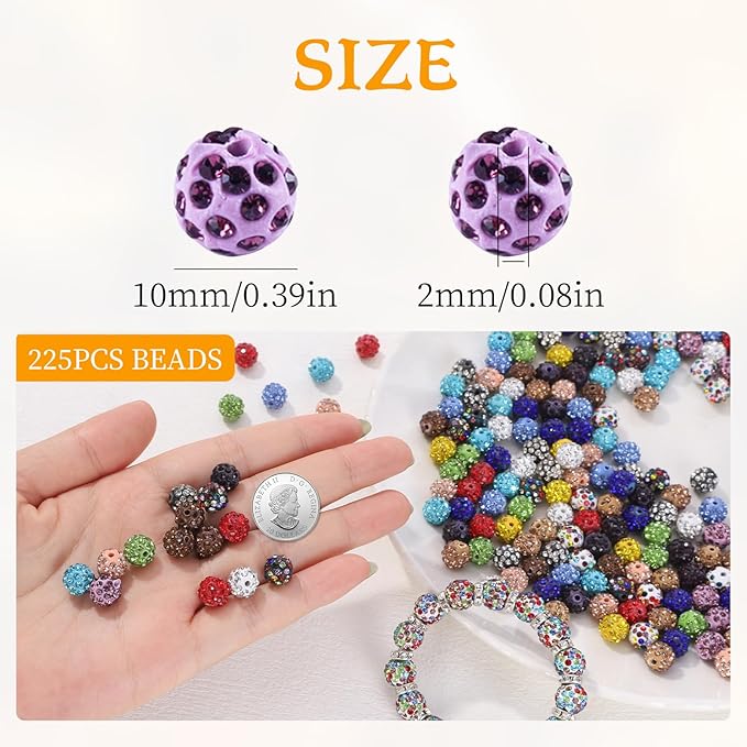 225pcs 10mm Rhinestone Beads for Jewelry Making, 15 Colors Clay Disco Round Ball Sparkly Crystal Diamond Bulk Bead for Bracelets Baseball Necklace Earring Crafting Christmas DIY Decoration