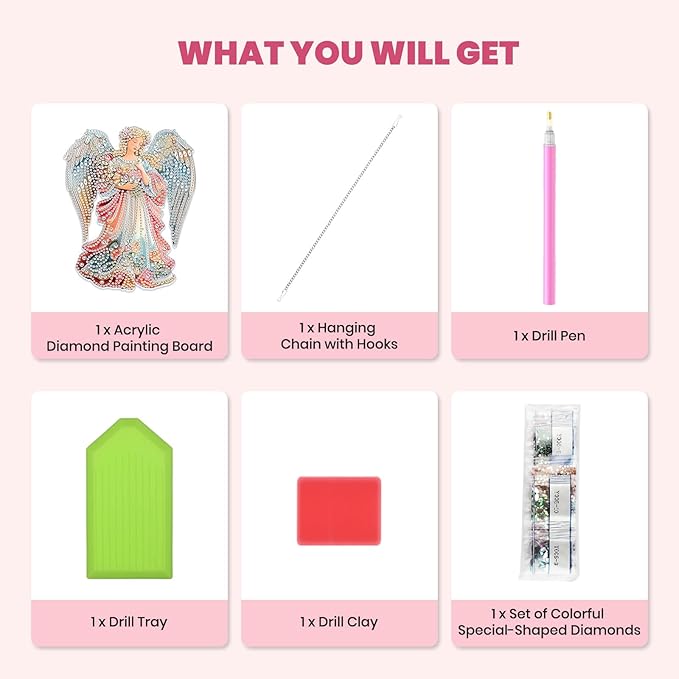 MXJSUA Diamond Art Hanging Kits for Adults Beginners, DIY Acrylic 5D Special Shaped Crystal Diamond Gem Art Painting Hanging Ornament for Home Wall Decor and Gift (Floral Angel)