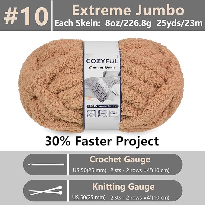 Chunky Yarn for Hand Knitting - #10 Chunky Chenille Yarn, Jumbo Big Thick Chunky Yarns for Crocheting, Super Bulky Chunky Knit Blanket Yarns, 8 Skein (25 yds 8 oz Each Skein), Light Coffee