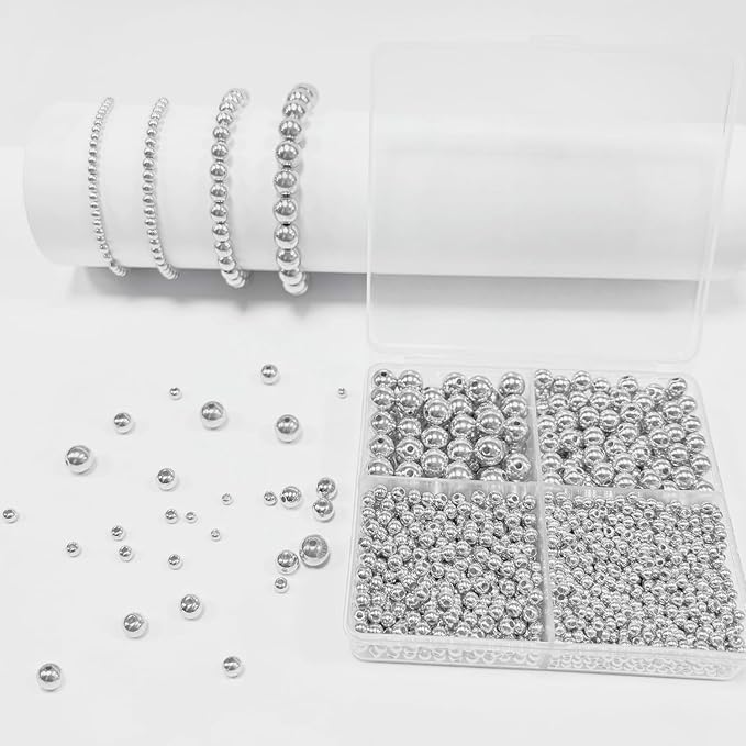 1680pcs Silver Round Spacer Beads 3/4/6/8mm 4 Size Smooth Ball Beads for Jewelry Making Metal Circle Bead for Bracelet Necklace Earring Making Supply
