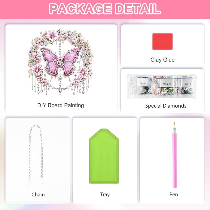 QENSPE Diamond Art Hanging Kits for Adults, 5D Pink Butterfly Special Shape Diamond Paingting Ornaments Kits with Chain, DIY Crystal Window Pendants for Home Garden Wall Decor Double Sided 8X8 inch